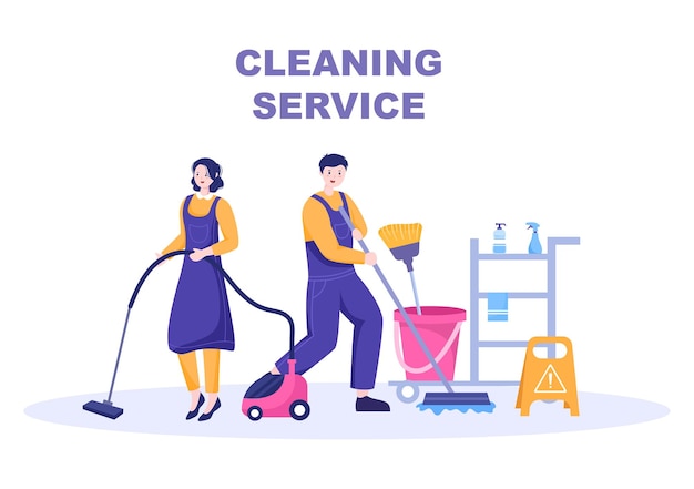 Cleaning Service flat Design Illustration. People Vacuum, Wipe the Dust and Sweeping Floor in the House for Background, Banner or Poster