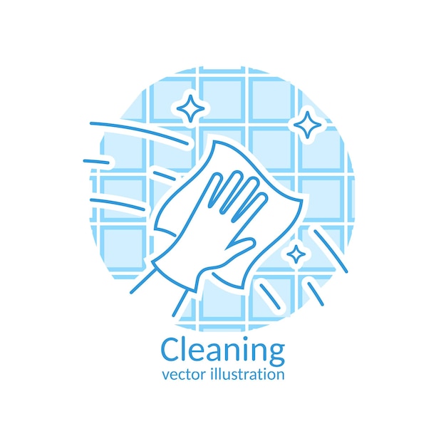 Cleaning service flat logo icon. Line of a hand in glove with a rag. Cleanliness and shine. Hygiene and disinfection. Housekeeping concept. Work at home. Vector illustration flat design.