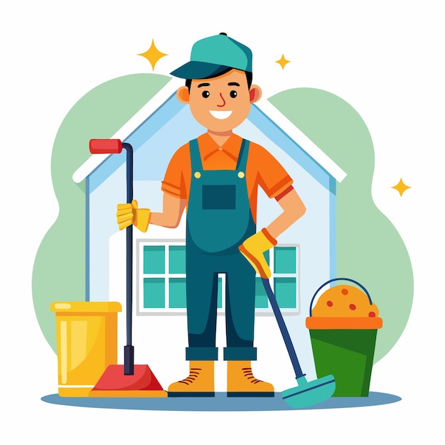 Vector cleaning service at home janitor in uniform vector illustration