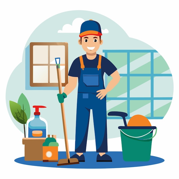 Vector cleaning service at home janitor in uniform vector illustration