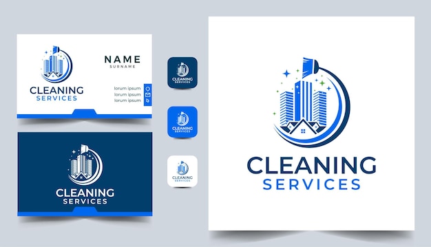 Vector cleaning service house and building logo design template with business card design