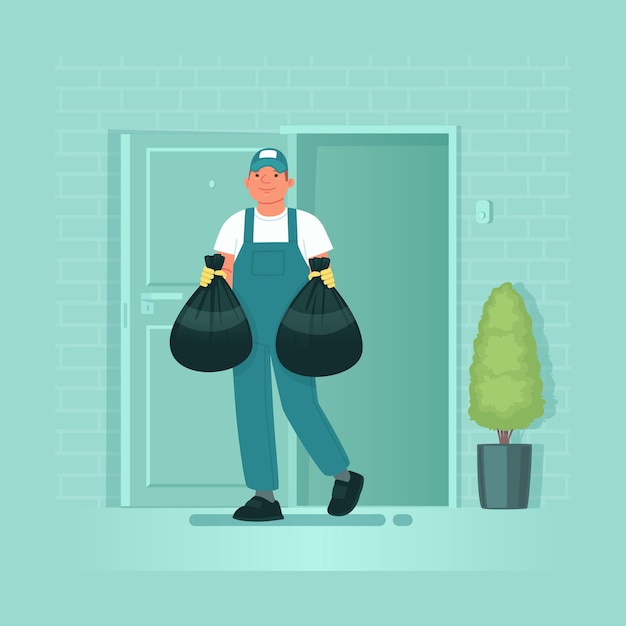 Cleaning service A male employee in uniform takes out garbage bags from a house or apartment