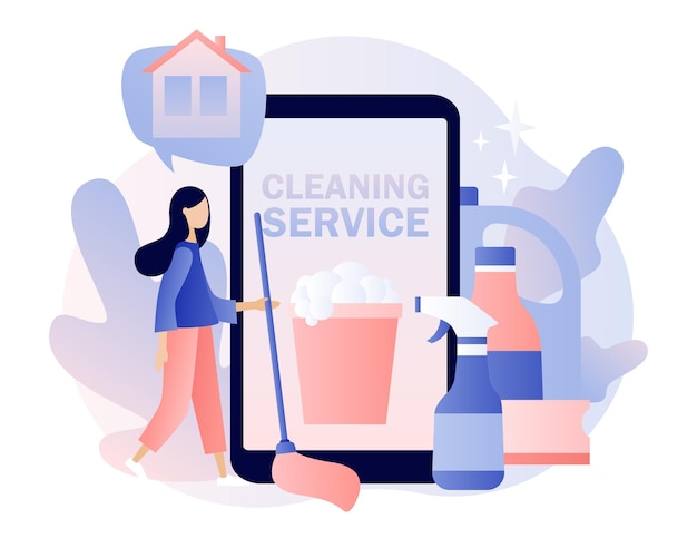 Cleaning service online Tiny woman clean house App for service orders professional hygiene service