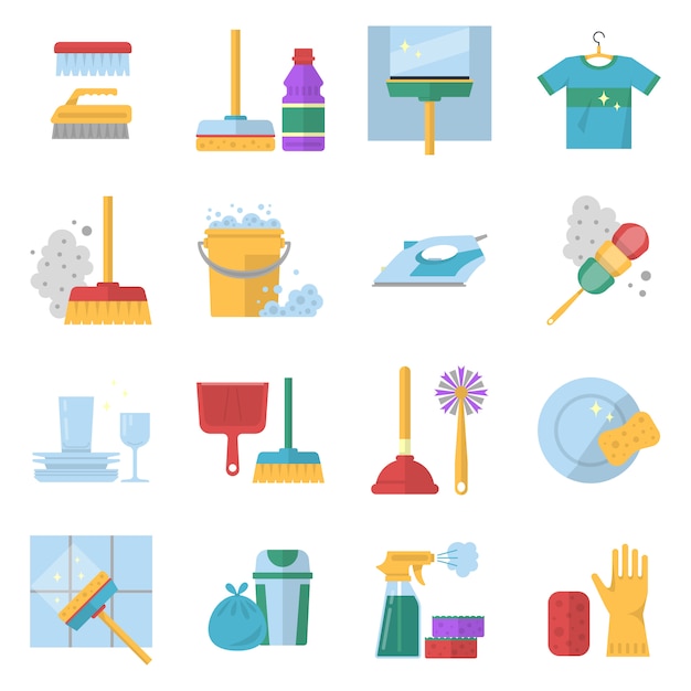 Cleaning service symbols. Different colored tools in cartoon style. 