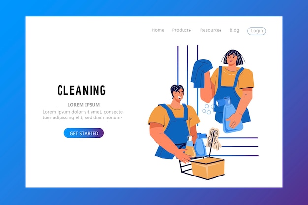 Cleaning service website with worker of janitor flat cartoon vector illustration