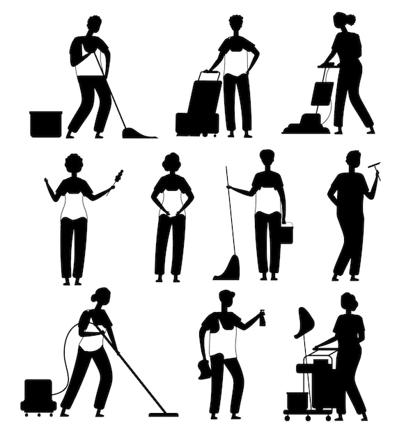 Cleaning service workers male female isolated Vectors Silhouettes