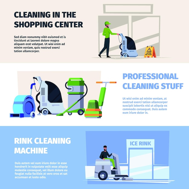 Cleaning services banners Industrial workers team do cleaning with mops detergents clean floor garish vector printing templates with place for text