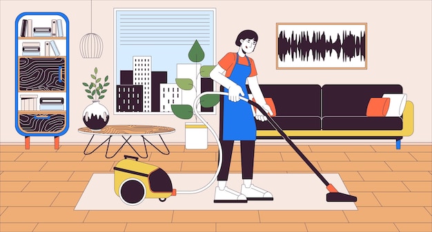 Cleaning services line cartoon flat illustration