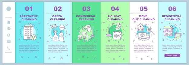 Vector cleaning services onboarding mobile web pages vector template. commercial, cleanup. responsive smartphone website interface idea, linear illustrations. webpage walkthrough step screens. color concept