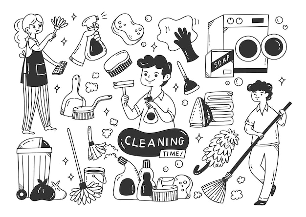 Cleaning supplies doodle isolated