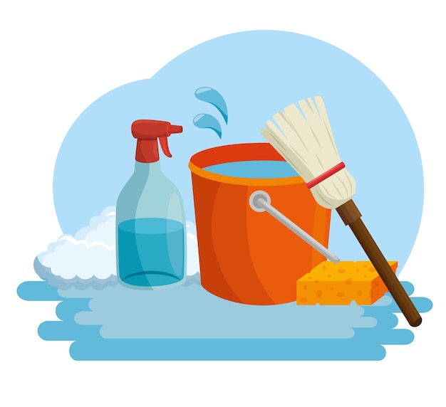 Cleaning supplies with bucket sponge and spray