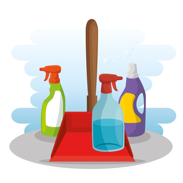 Cleaning supplies with spray soap dustpan