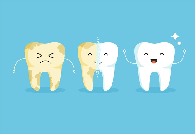 Cleaning teeth. Cartoon snow-white happy and yellow sad tooth. Before and after whitening. Dental.