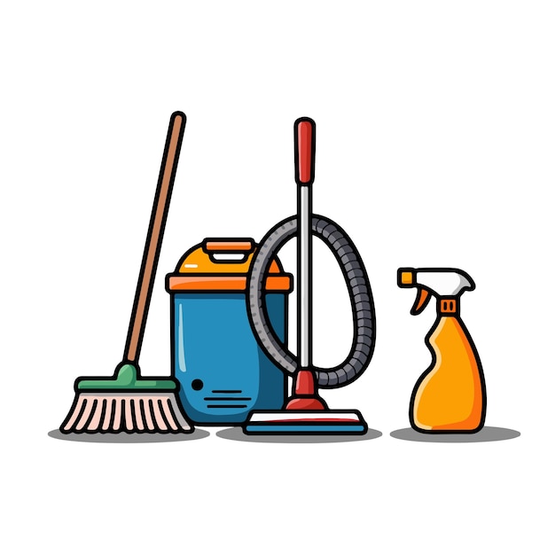 Cleaning tools in flat cartoon style vector illustration isolate