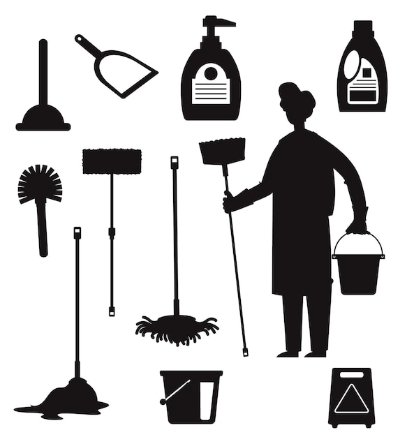 Cleaning worker specialist isolated Vectors Silhouettes