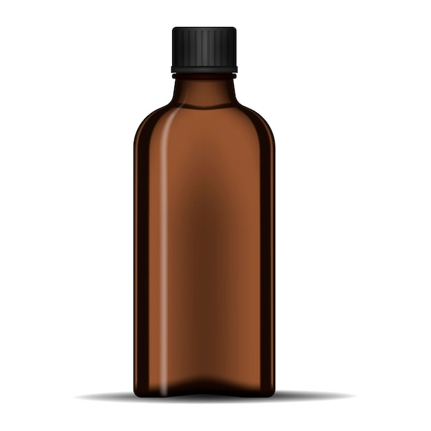 Clear dark glass bottle with black screw cap vector mockup Empty transparent brown container mockup