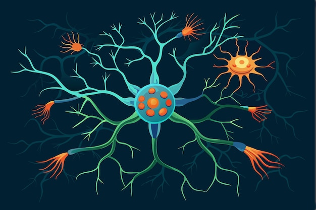 Vector a clear depiction of a neuron highlighting the axon dendrites and soma with vibrant colors against a dark backdrop structure of neuron with axon dendrites and soma