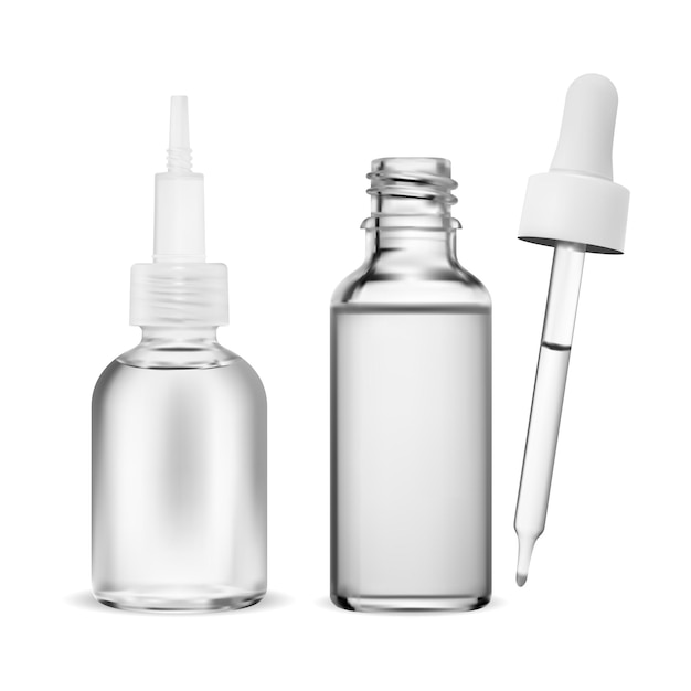 Clear glass bottle with a white cap houses a cosmetic serum