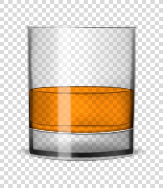 Clear glass cup filled with whiskey on transparent background vector illustration Shot of whisky