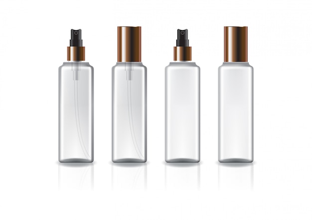 Clear and white square cosmetic bottle with copper spray head and lid