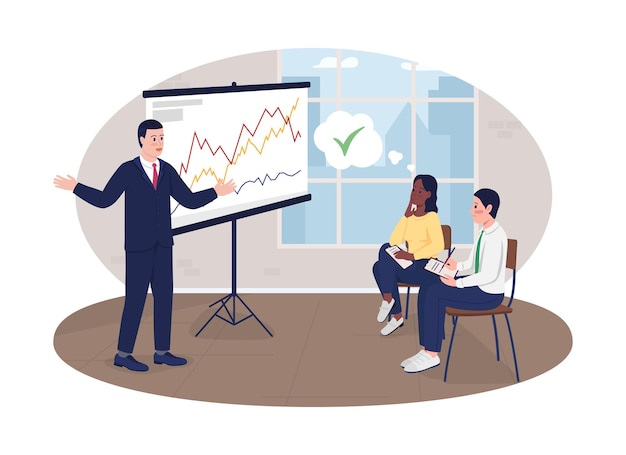 Clear work strategy presentation 2D vector isolated illustration. Productive meeting. Businesspeople flat characters on cartoon background. Efficient workplace training colourful scene