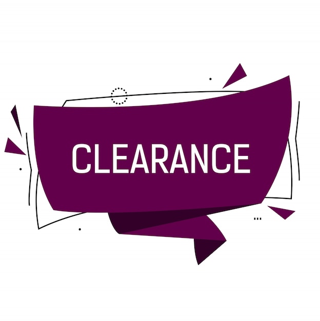 Clearance lettering in violet origami speech bubble with triangles. 