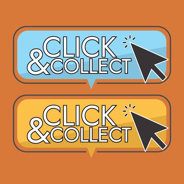 Click and collect button with cursor. Button with hand pointer clicking. Click here banner.