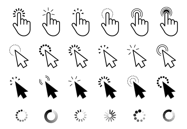 Click cursor set computer pointer hand and arrow icon press pick action element vector web interface...