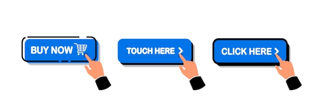 Click Here Button Set of action buttons website buy or download Click button Mouse cursor or Hand pointer The hand pressed a button for buy or register or links to websites