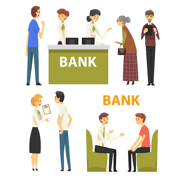 Vector clients consulting at managers at bank office banking service vector illustration