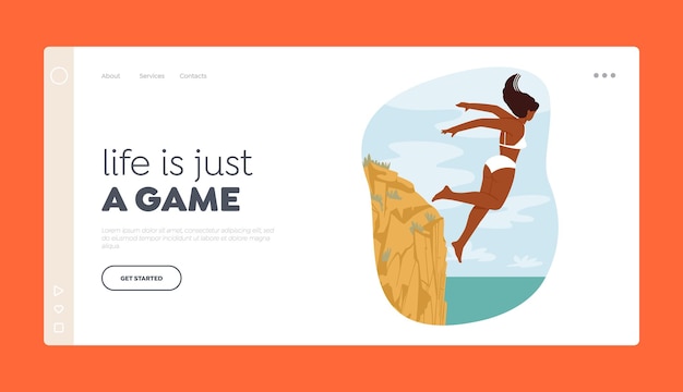 Cliff Jump Extreme Sports Landing Page Template. . Happy Brave Female Character Jumping in Ocean from High Rock Edge. Young Fearless Woman Enjoy Xtreme Diving Jump. Cartoon People Vector Illustration