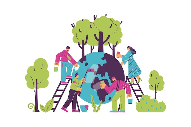 Climate change banner with people cleaning the earth flat vector isolated