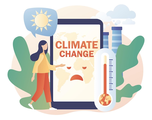 Climate change - text on smartphone screen. Tiny woman trying save planet Earth. Global warming