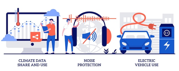 Vector climate data share and use, noise protection, electric vehicle use concept with tiny people. metcast information spread, nature defence, eco friendly transport abstract vector illustration set.