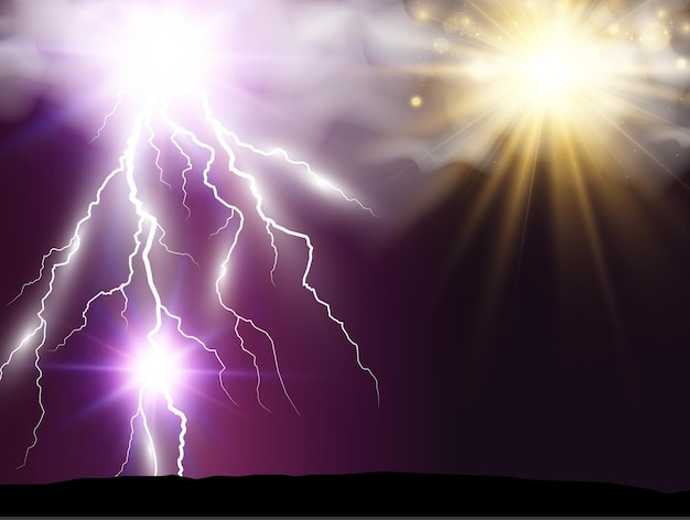 Climate vector drawing of the sun and lightning shining through the clouds.