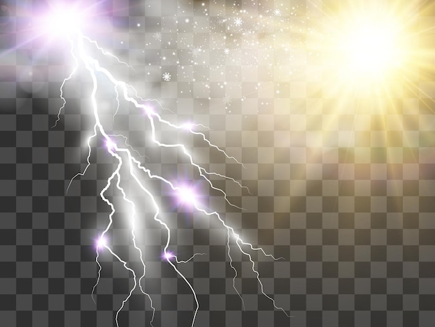 Climate vector drawing of the sun and lightning shining through the clouds.