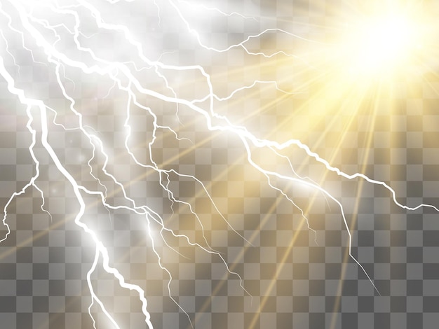 Climate vector drawing of the sun and lightning shining through the clouds.