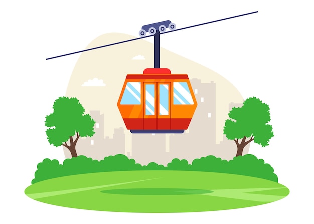 Climb the mountains by cable car. orange lift. flat vector illustration.