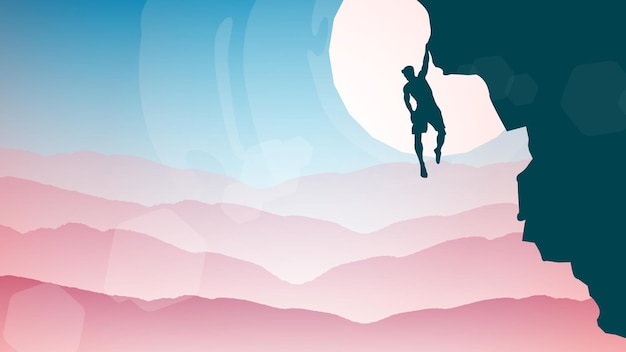 climber on a cliff with mountains as a background. Mountain climber walpaper for desktop. pink cliff