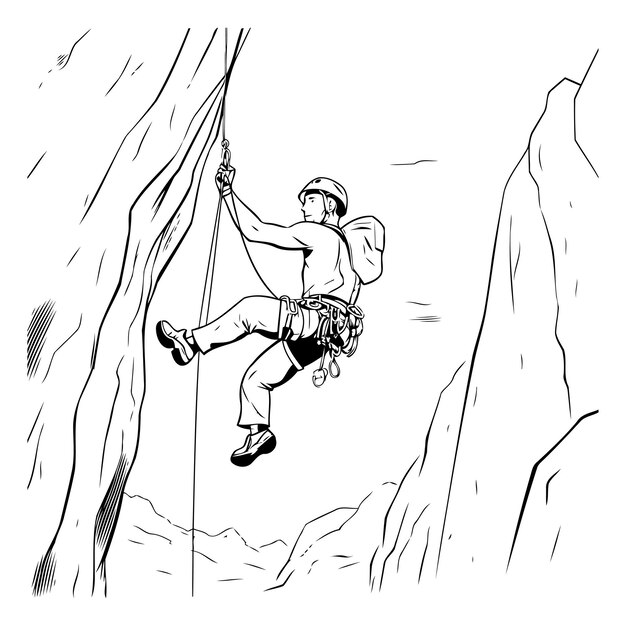 Vector climber climbing on a cliff black and white vector illustration