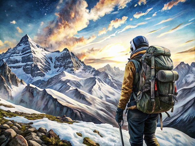 A Climber with a Backpack Standing on a Mountain Peak at Sunset