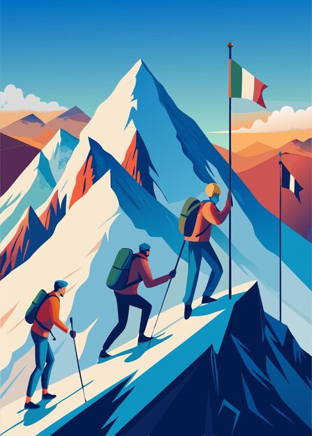 Vector climbers plant flags on a high snowcapped peak vector illustration flat 2