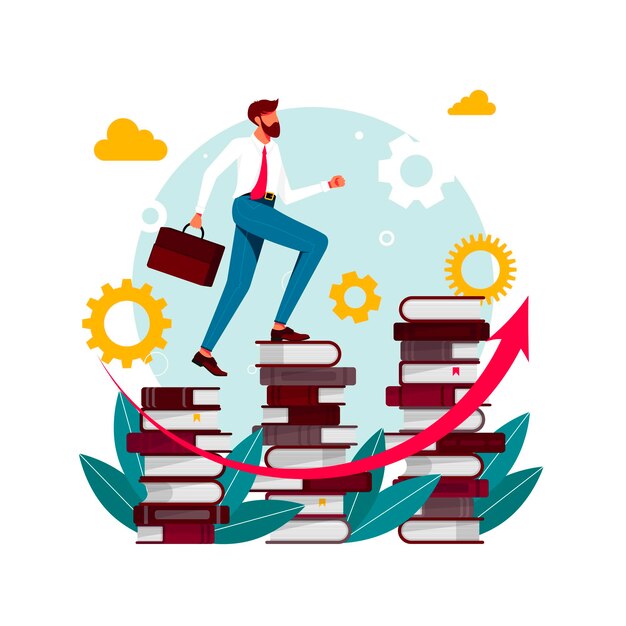 Vector climbing books.person in library going top. people climbing books. business success, education level, staff and skill development vector concept. businessman going up the stairs which made from books.