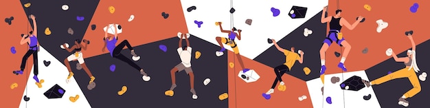 Climbing bouldering wall panorama Men and women climbers hanging on ropes in indoor rock artificial mountain park gym People during sport activity gripping stones Flat vector illustration