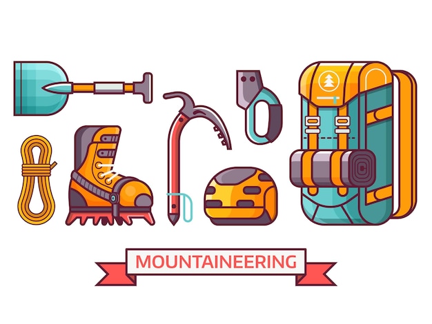 Climbing and mountain hiking icon set with professional mountaineering equipment Summer alpinist expedition and adventure elements and essentials Climb and hike icons in line art