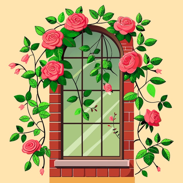 Vector climbing roses on the window vector illustration