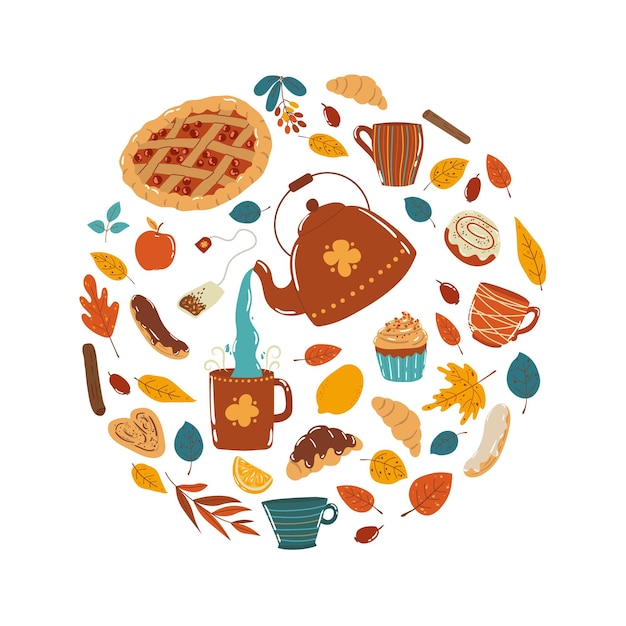 Clip art of autumn tea party with teapot and baked products on white background