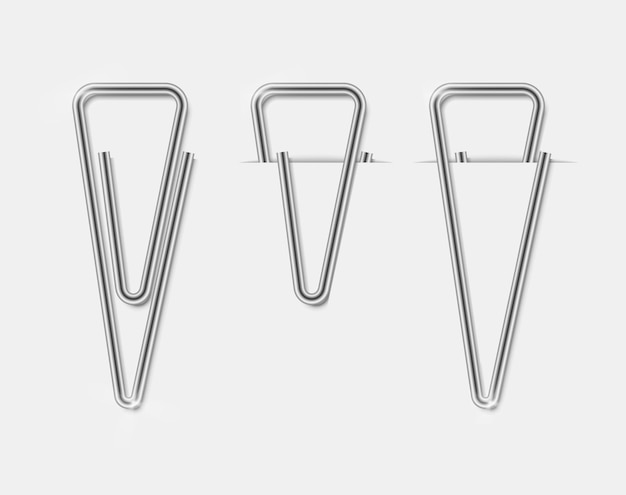 Clip set. Realistic paperclip attach. Office metal binder with shadow. Vector attach on transparent background