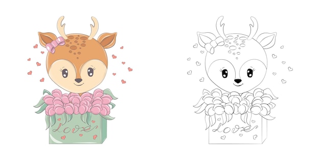 Clipart Deer Multicolored and Black and White.  Cute Animal Illustration in a Gift Box with Tulips.