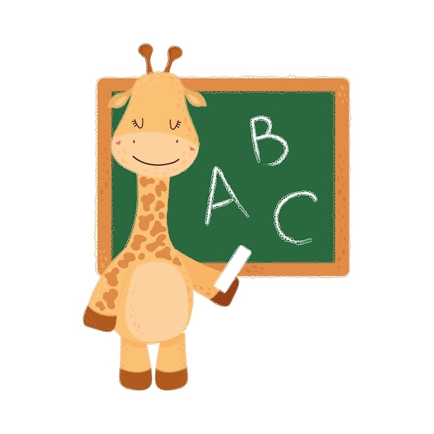 Clipart Giraffe in Cartoon Style.  Cute Clip Art Giraffe Near the Blackboard.